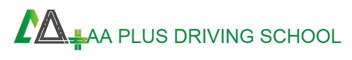 Logo for AA Plus Driving School. Green and gray stylized road symbol with text in green.