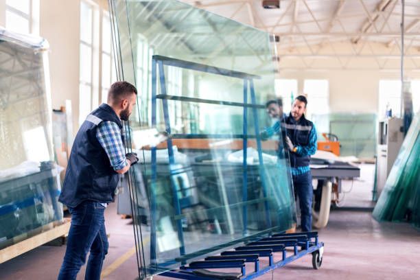 Two men are carrying a large piece of glass on a cart in a factory.