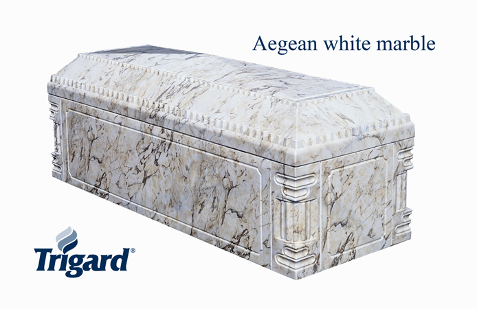 White marble burial vault, labeled 