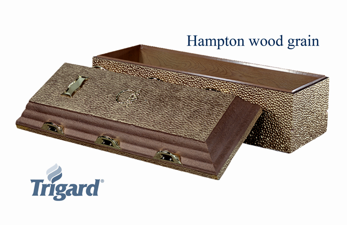 Open Hampton wood grain casket with Trigard logo.