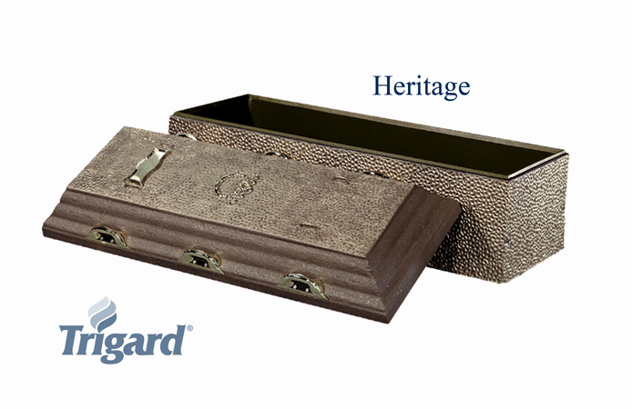 Bronze Heritage burial vault with the lid open, showing the interior.