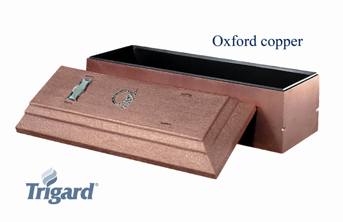 Copper burial vault, lid partially open. Brown exterior with black interior, 