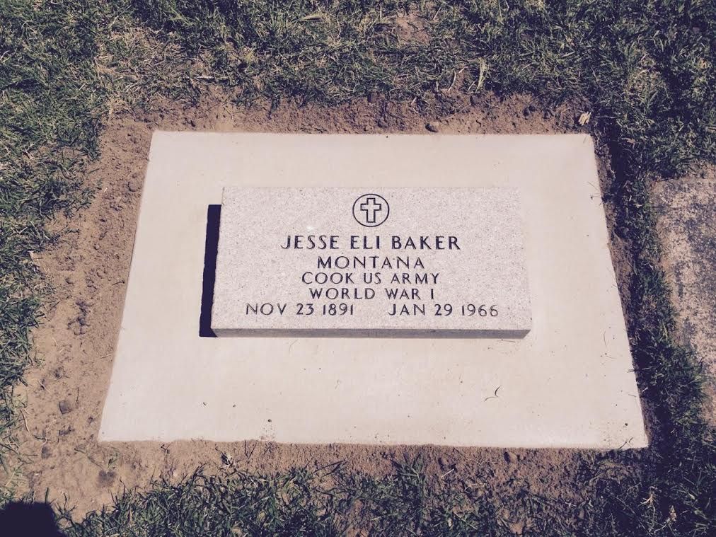 Headstone of Jesse Eli Baker in Montana, who was a cook in the US Army during World War I.
