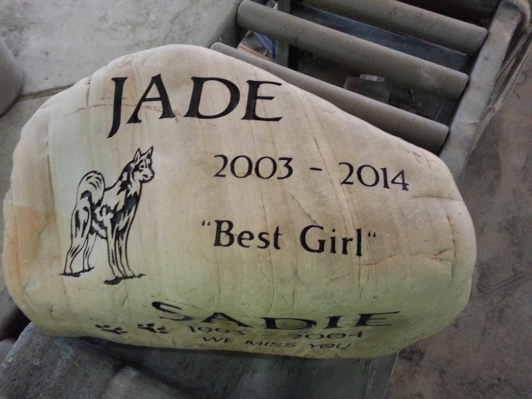 Engraved stone memorial for dog Jade (2003-2014)