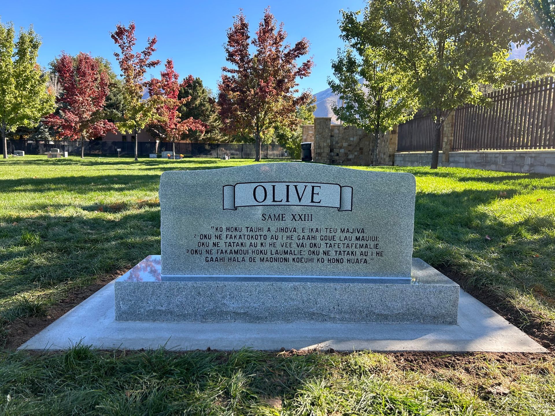 Headstone in a cemetery; inscription reads