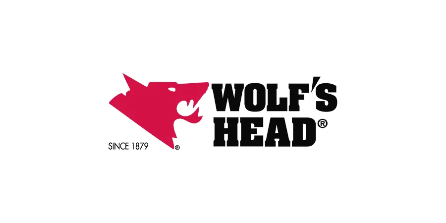 WOLF'S HEAD logo with black text and red wolf head silhouette on white background