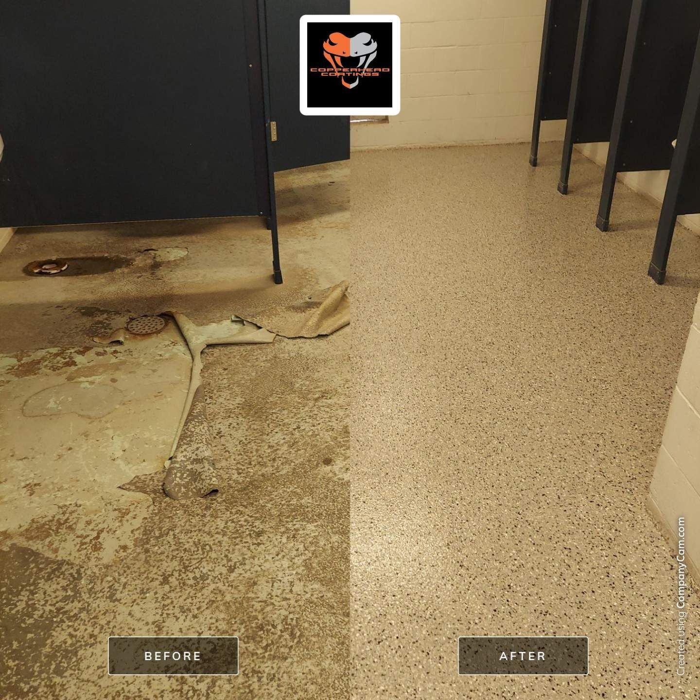 A before and after photo of a bathroom floor