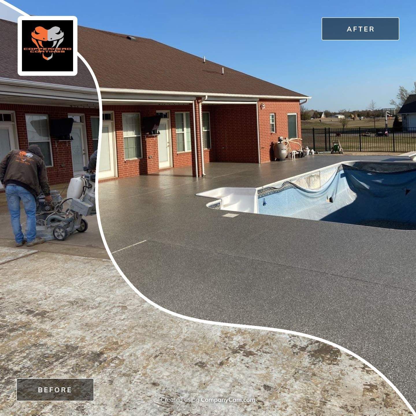 A before and after photo of a concrete driveway next to a pool