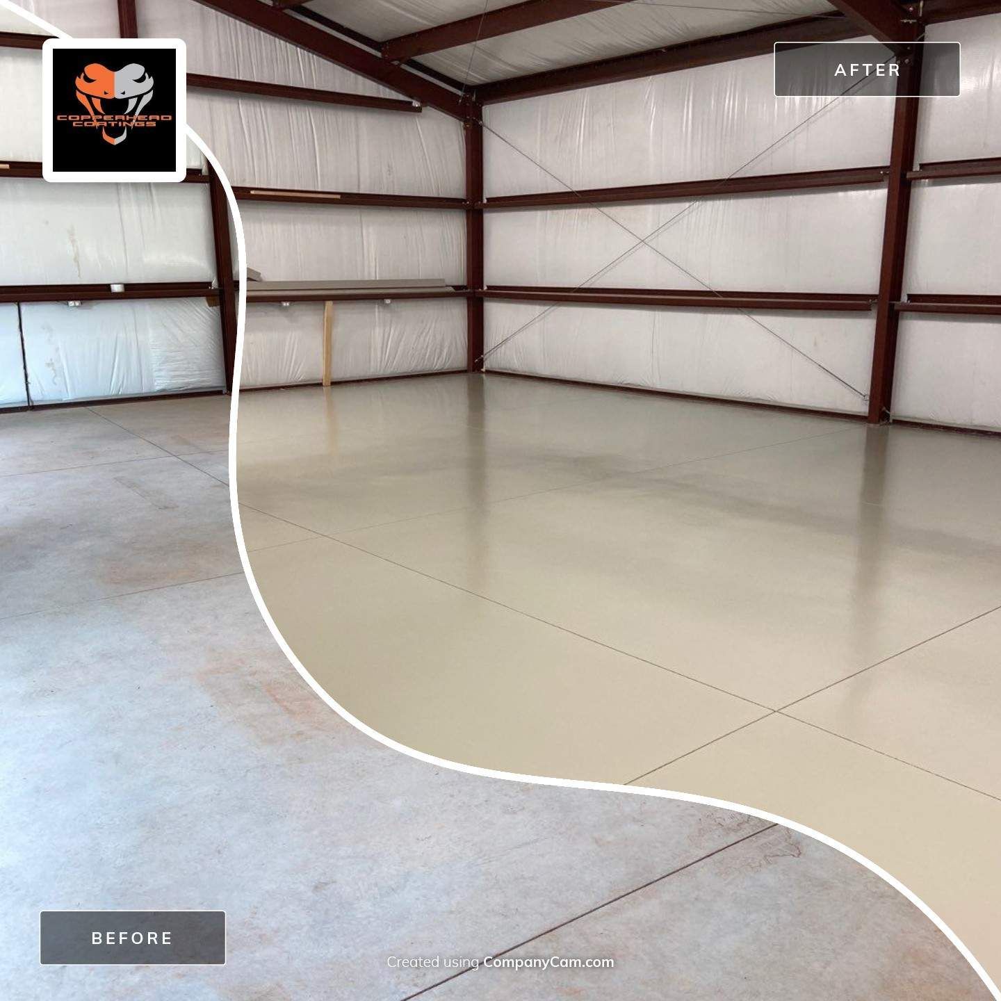 A before and after photo of a garage floor