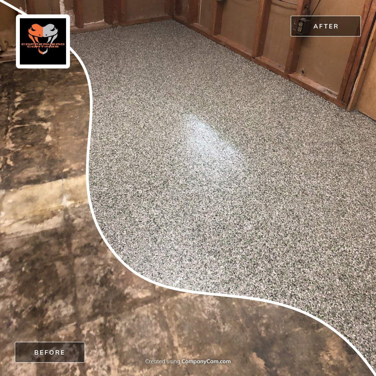 A before and after photo of a garage floor