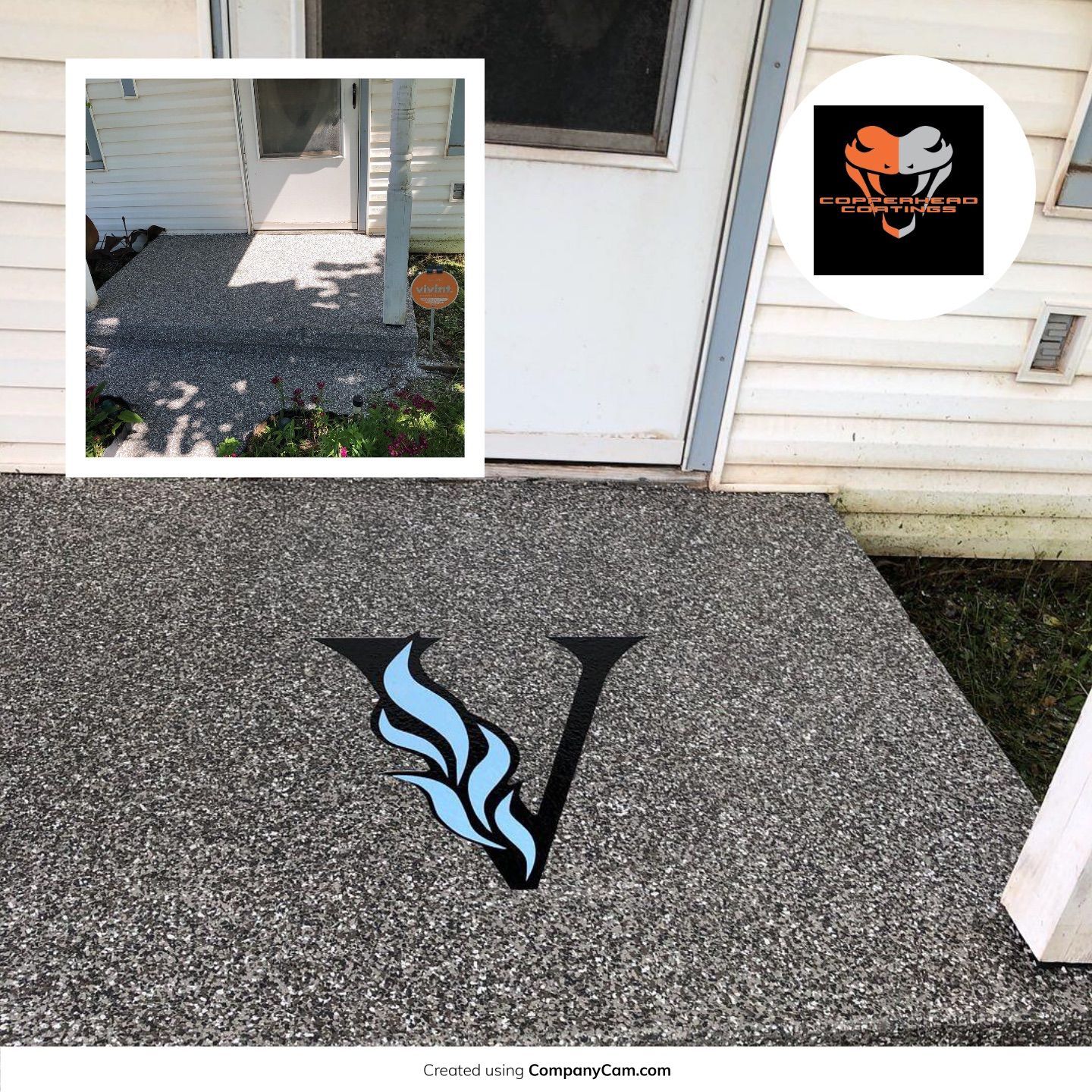 A before and after picture of a porch with a letter v painted on it