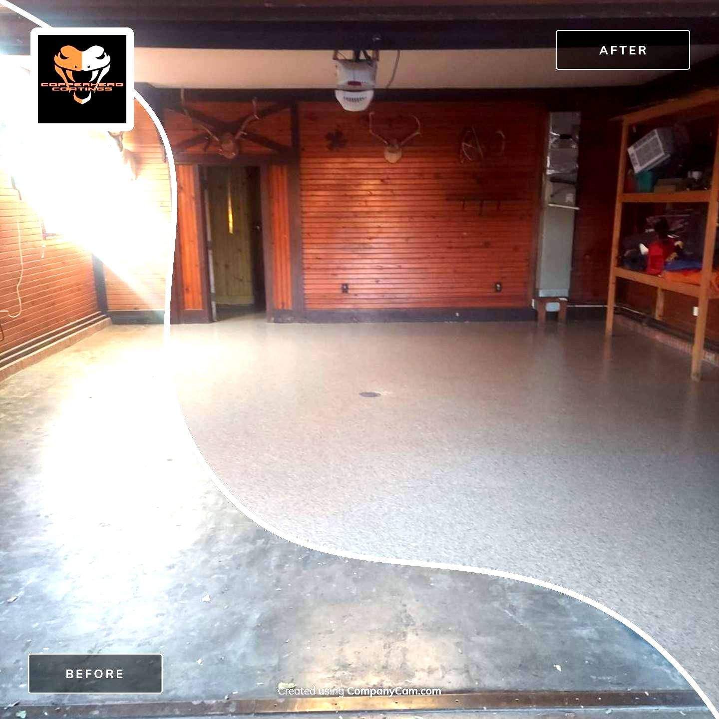 A before and after photo of a garage floor