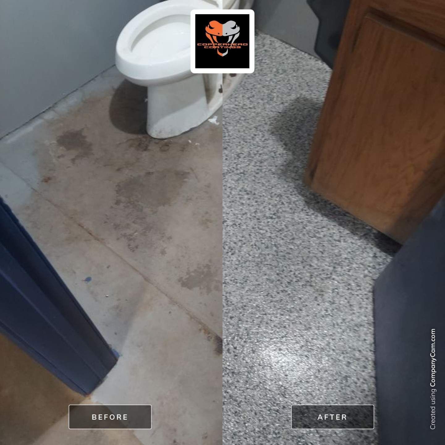 A before and after photo of a bathroom floor