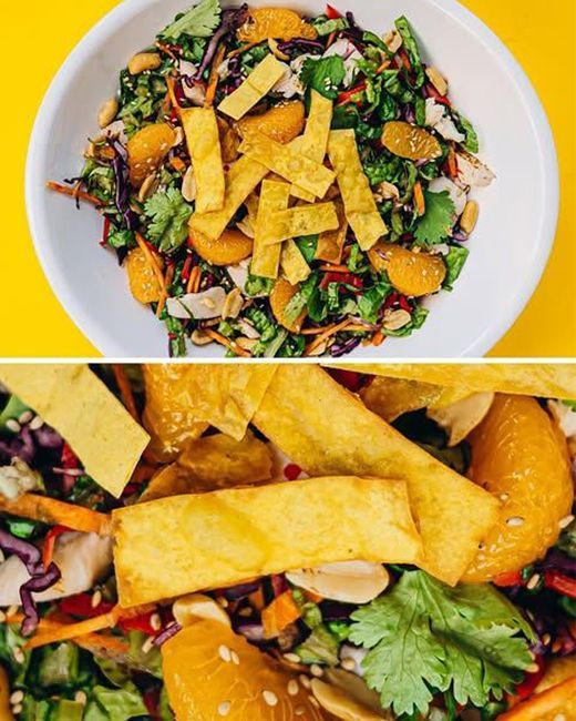 A salad and a close up of fried food on a yellow background