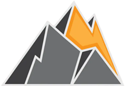 Gray and white mountains with an orange lightning bolt overlay.