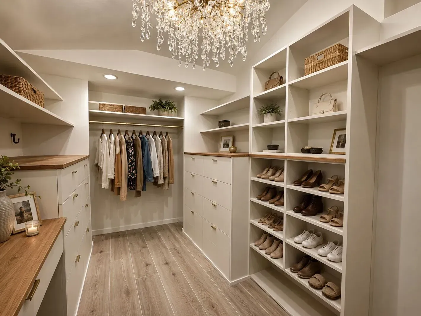 Bright walk-in closet with white shelves, hanging clothes, drawers, and a chandelier, seen from the center aisle.
