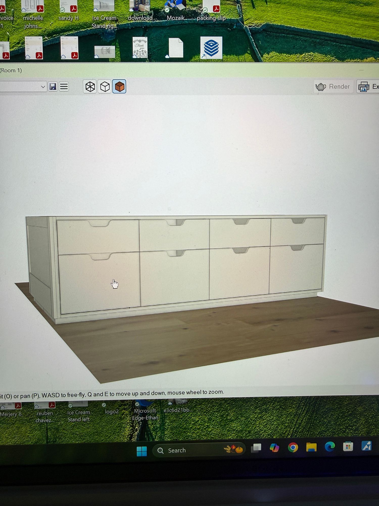 3D render of a white modular cabinet on a wood floor in a design software window