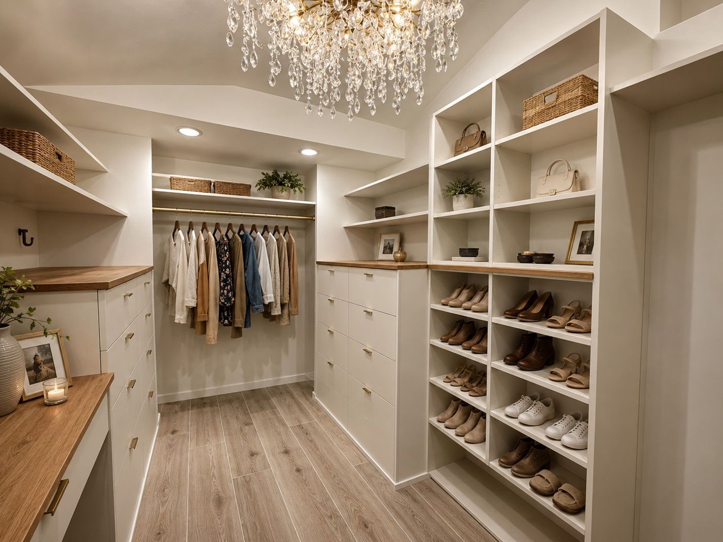 Bright walk-in closet with white shelving, hanging clothes, drawers, shoes, and a crystal chandelier.