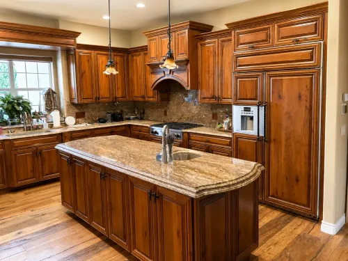 Elegant wood-paneled kitchen with marble island, ornate ceiling, and large bright doorway.