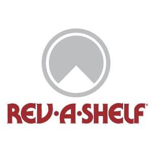 Revolutionary Shelving logo: gray circular icon above red “REV-A-SHELF” text