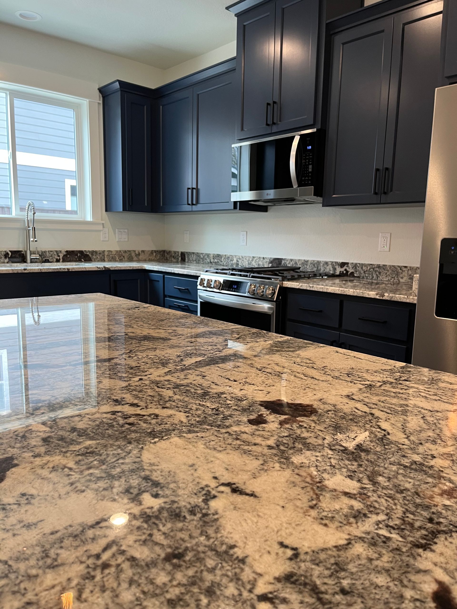 Modern kitchen with dark cabinets, stainless steel appliances, and a speckled granite countertop.