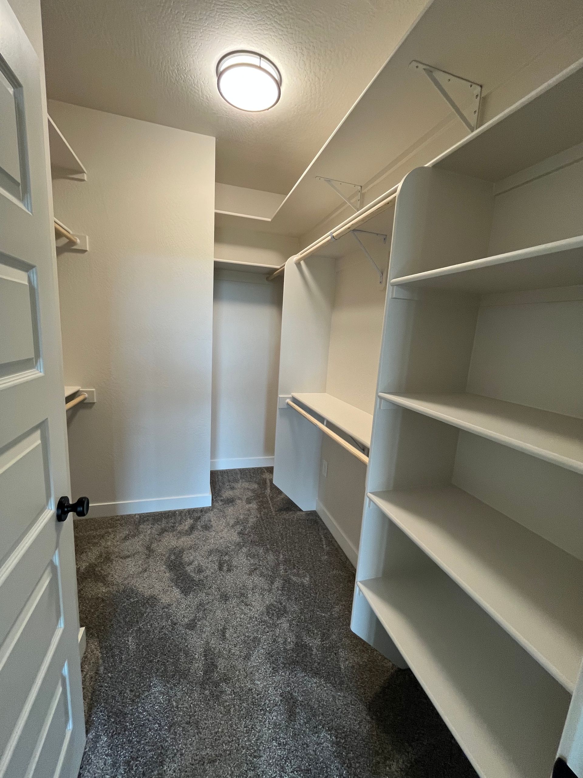 Narrow walk-in closet with white shelves, hanging rods, and carpeted floor under a ceiling light.