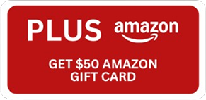 Red rectangular graphic with PLUS and Amazon logo, Get $50 Amazon Gift Card.