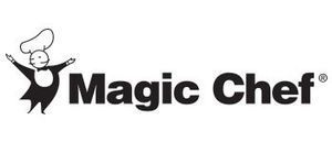 Magic Chef logo: Cartoon chef in tuxedo with arms open, text 