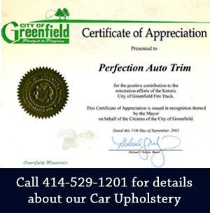 Certification of Appreciation - Milwaukee, WI - Perfection Auto Trim, Inc. - Call 414-529-1201 for details about our Car Upholstery