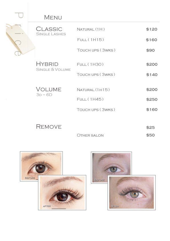 eyelash services menu