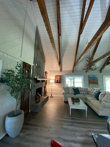 A living room with a couch, fireplace, coffee table, and potted plant.