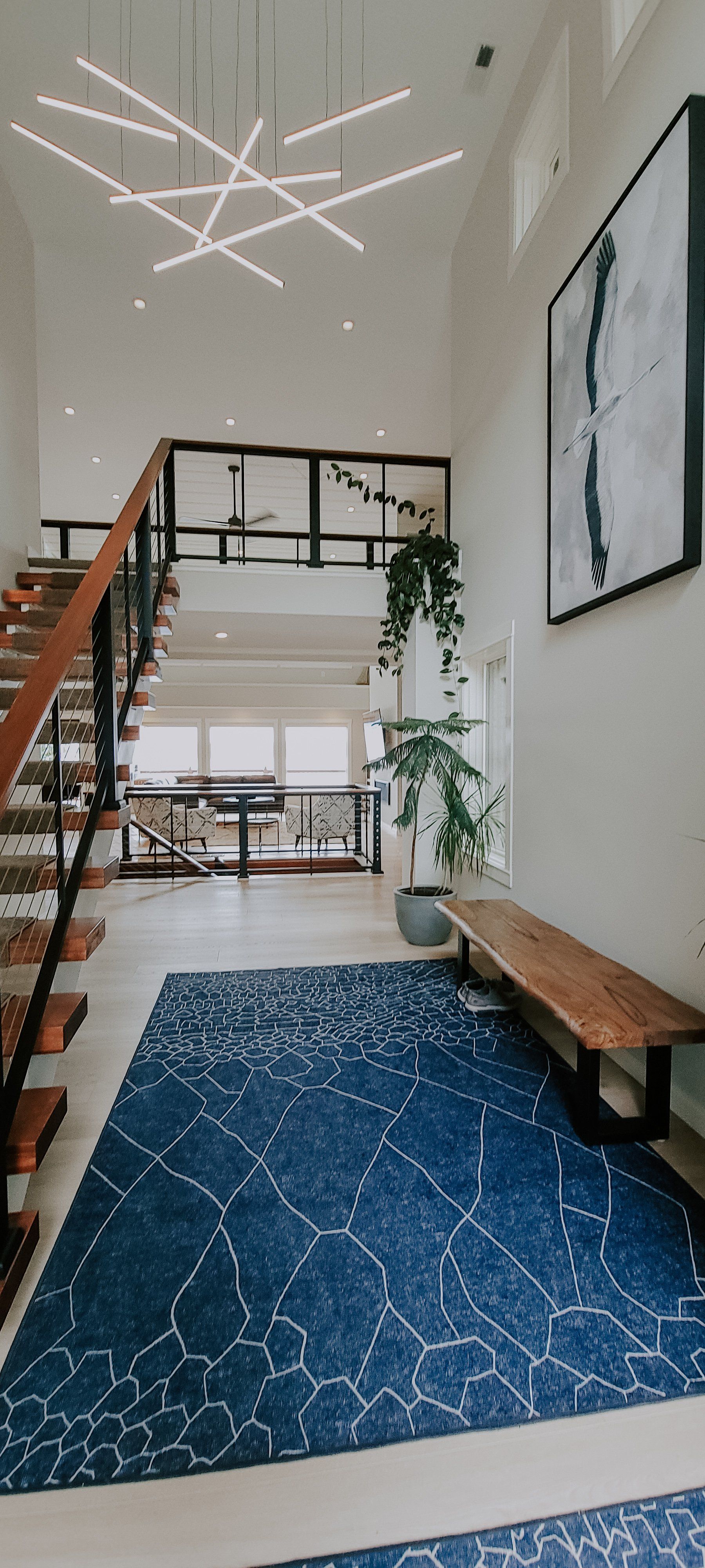 wooden bench and metal and wood stairs