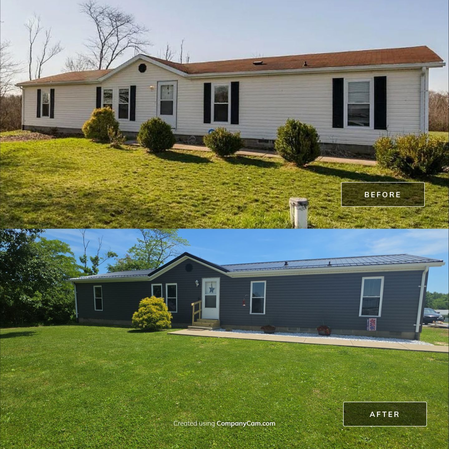 Before-and-after exterior photos of a single-story house: white siding above, dark gray below.