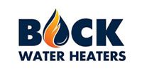 Logo for Bock Water Heaters: navy letters with a flame graphic over the