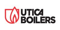 Utica Boilers logo: Red flame inside a red shield, black text.