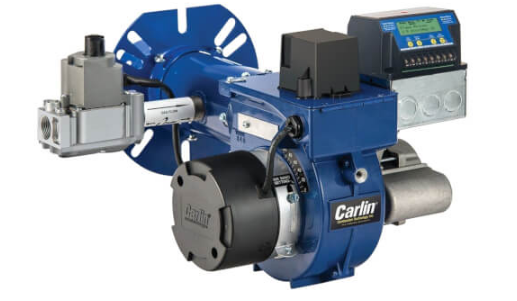 Blue Carlin oil burner, with black motor housing and control box attached.