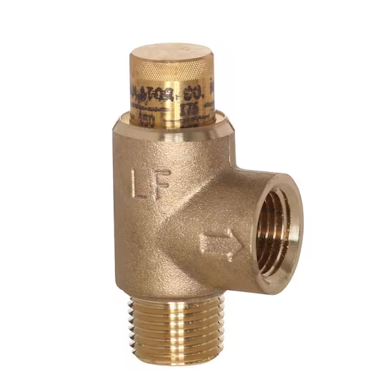 Brass pressure relief valve with a threaded inlet and outlet.