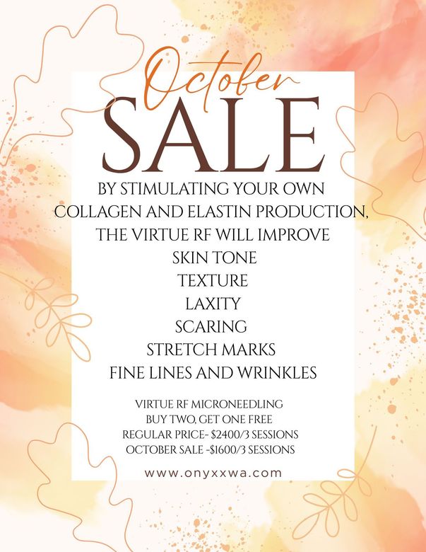 Autumn-themed poster: October Sale for Virtue RF skin treatments, improving skin tone, texture, and more.