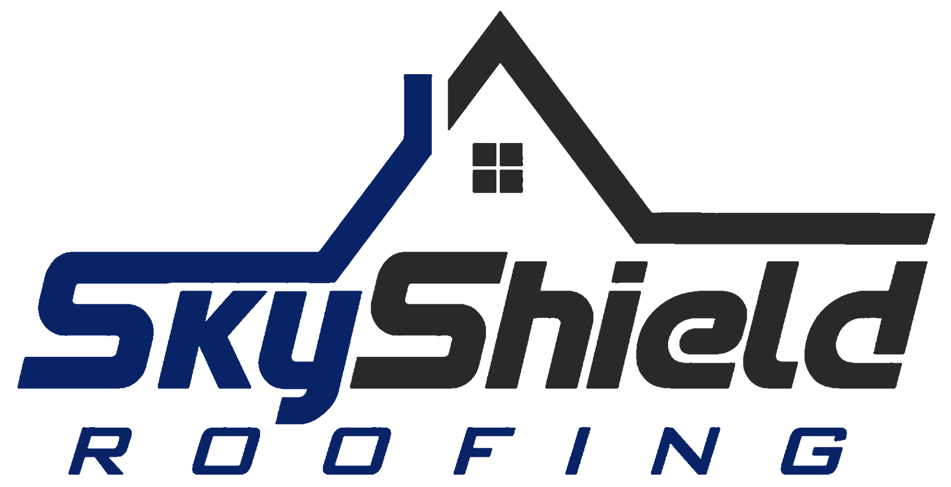 The logo for skyshield roofing shows a house with a roof.