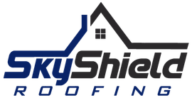 The logo for skyshield roofing shows a house with a roof.