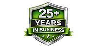 Green shield badge reading “25+ Years in Business” with silver stars and ribbon