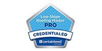 Certified Low-Slope Roofing Master PRO badge in blue and silver with a ribbon.