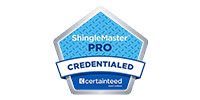 ShingleMaster PRO credentialed badge with CertainTeed logo in blue and white