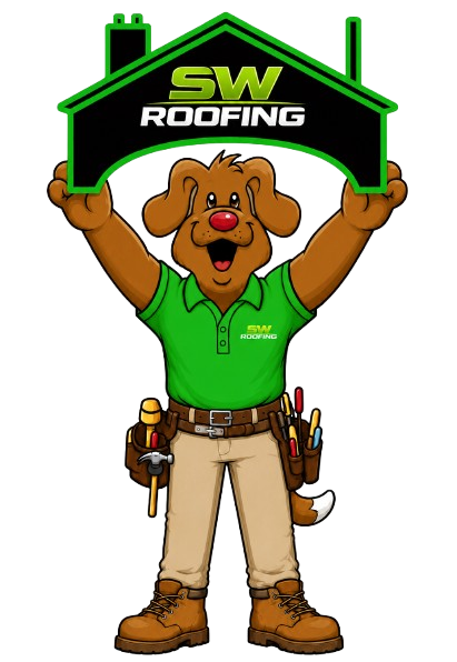 Cartoon dog mascot in green shirt holding up a black-and-green "SW Roofing" sign.