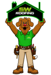 Cartoon dog roofer in green shirt holding a black-and-green SW Roofing sign overhead