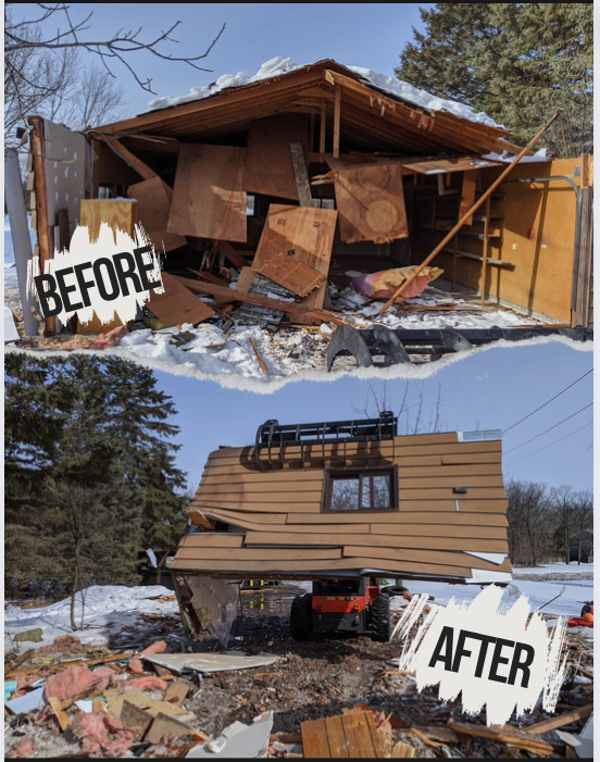 Before and after view of a dilapidated wooden building being demolished, with snow-covered ground.