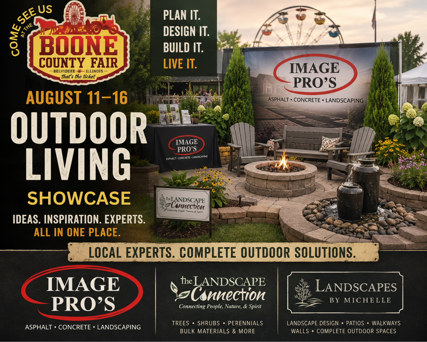 Outdoor Living Expo poster with dates July 16–18, green and black design, event details and logos