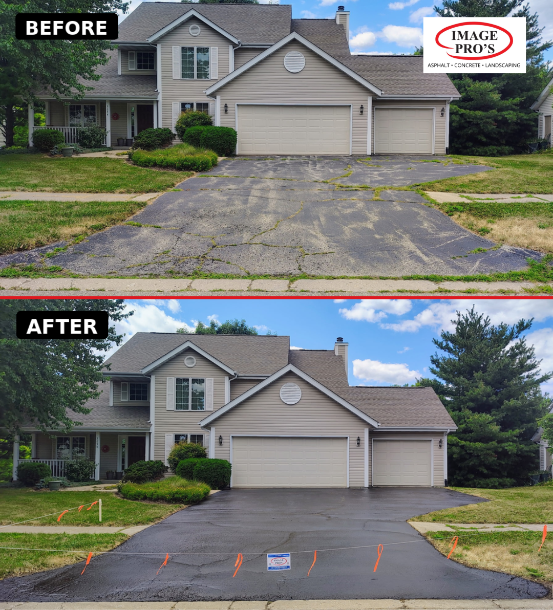 Before-and-after comparison of a cracked asphalt driveway before and after professional sealcoating