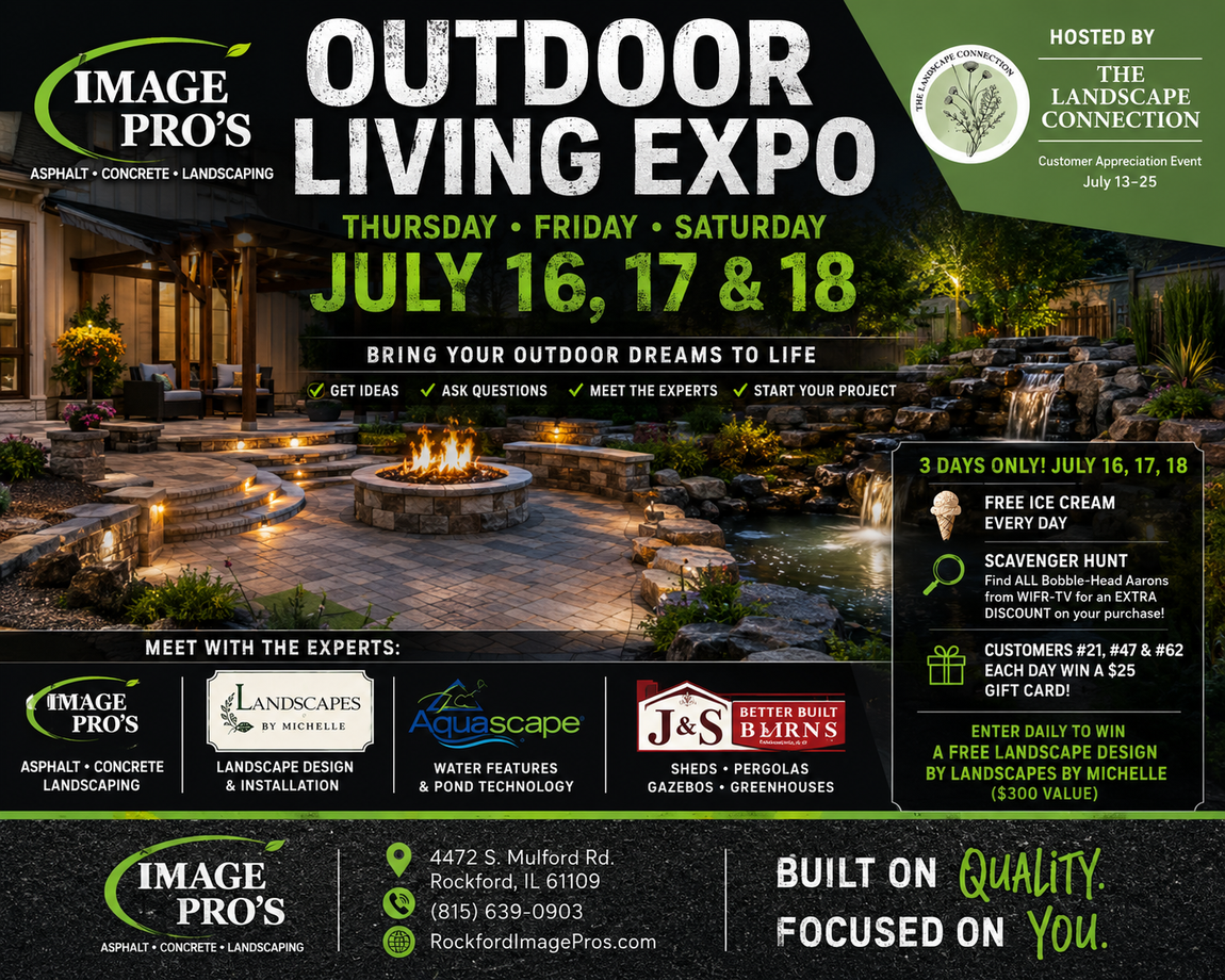 Outdoor Living Expo poster with fire pit patio scene, July 16–18, with sponsor logos and event details