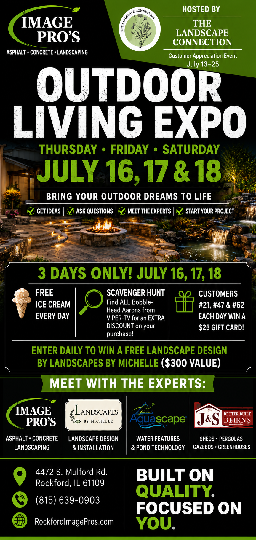 Outdoor Living Expo poster with dates July 16–18, green and black design, event details and logos